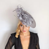 Grey feather large saucer disc fascinator hat - House of Hats