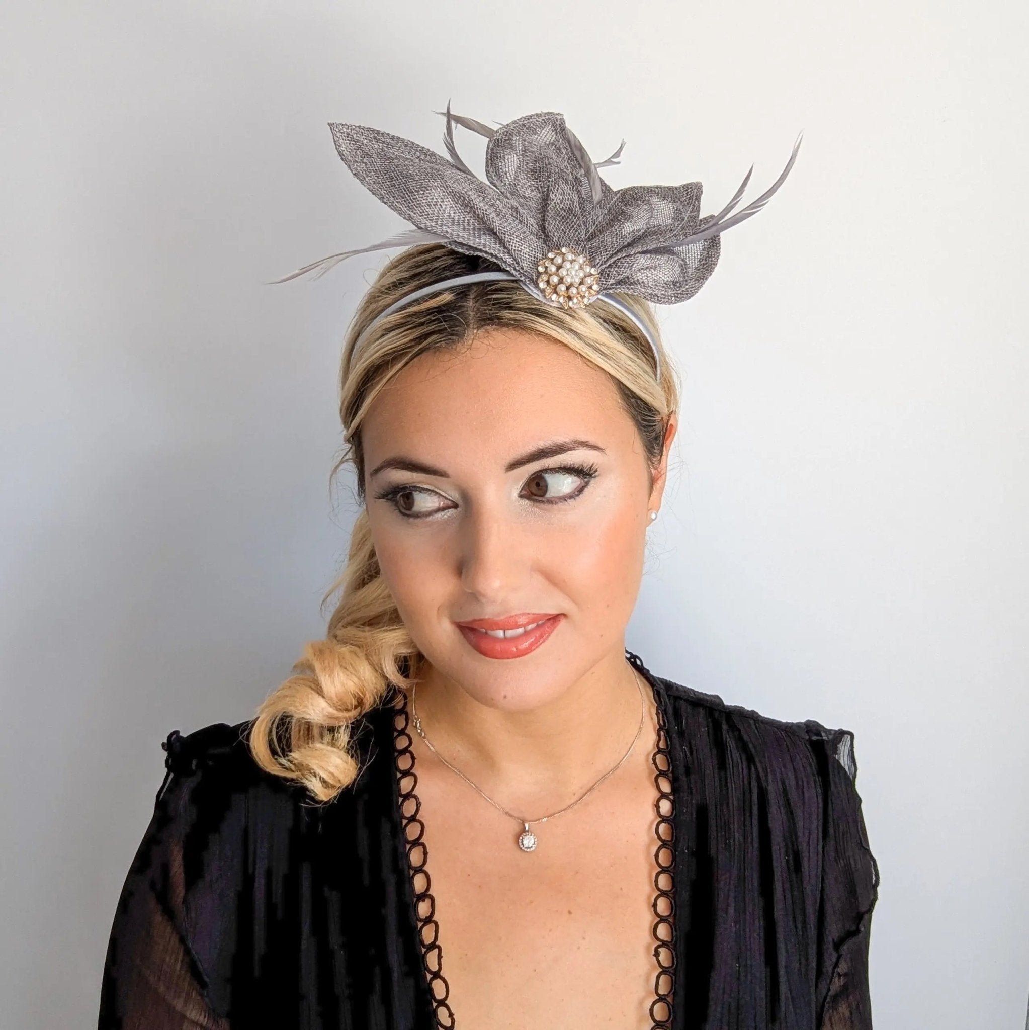 Grey feather petal fan fascinator hat - House of Hats