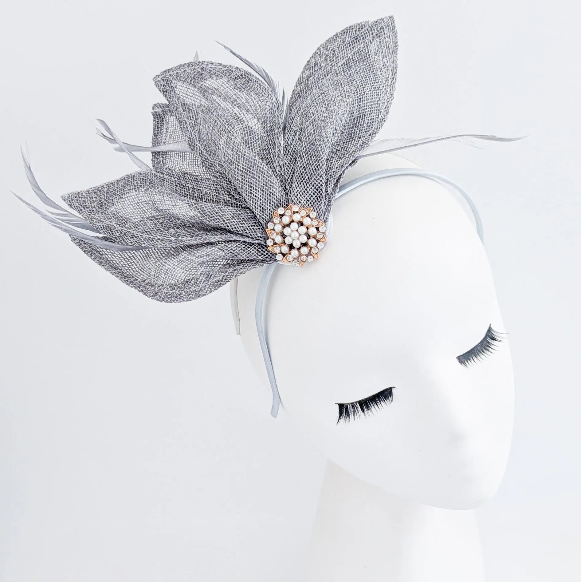 Grey feather petal fan fascinator hat - House of Hats