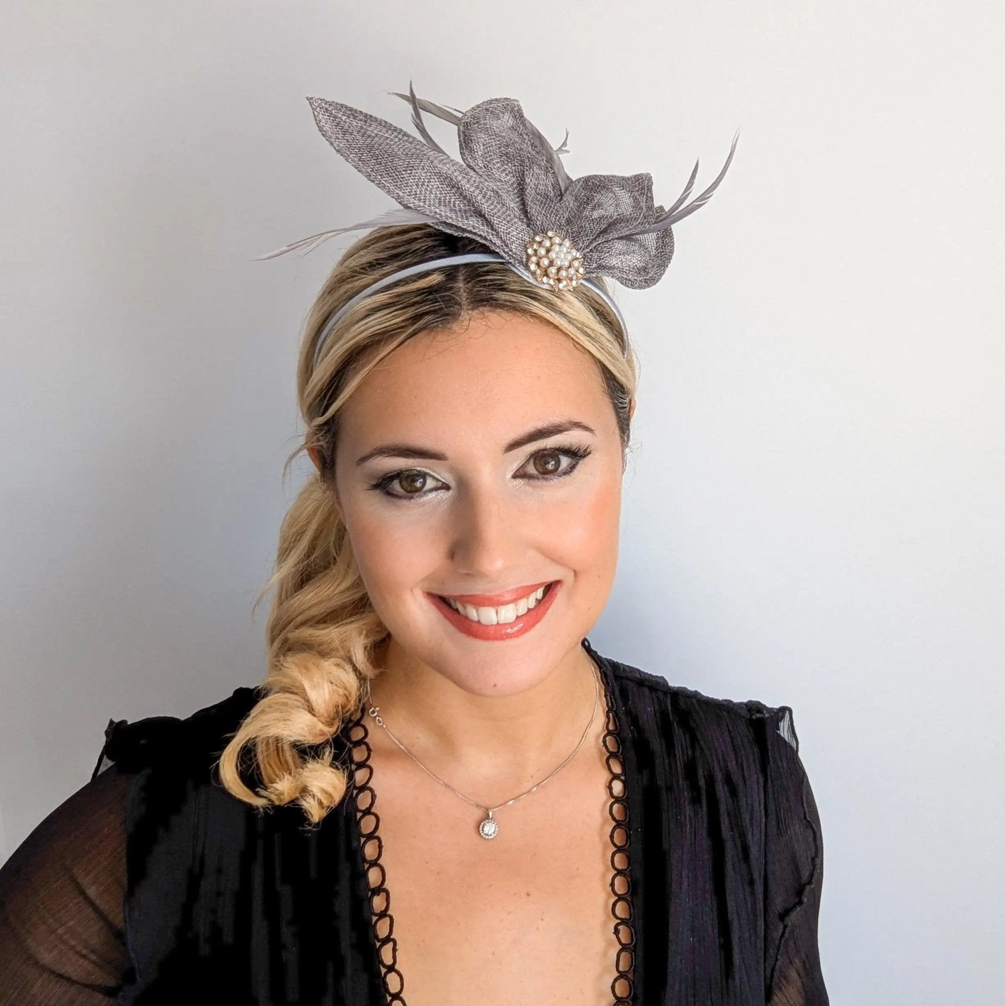 Grey feather petal fan fascinator hat - House of Hats