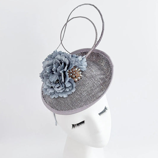 Grey flower disc saucer fascinator hat - House of Hats