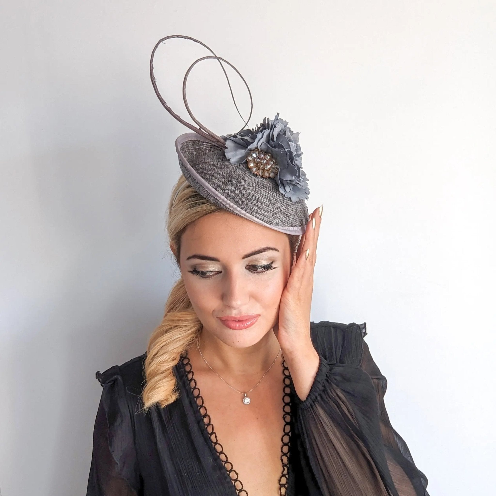 Grey flower disc saucer fascinator hat - House of Hats