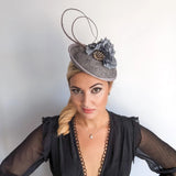 Grey flower disc saucer fascinator hat - House of Hats