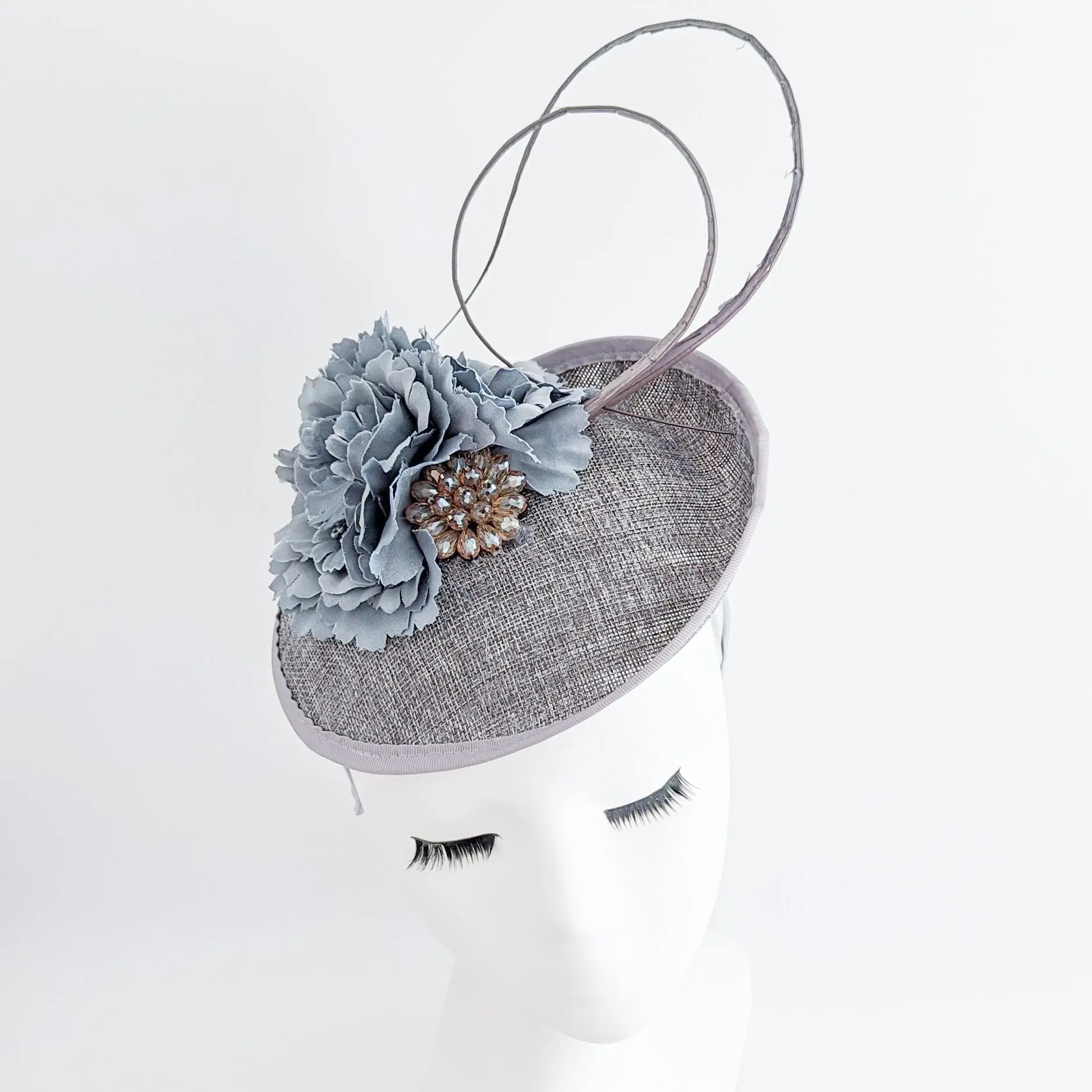 Grey flower disc saucer fascinator hat - House of Hats