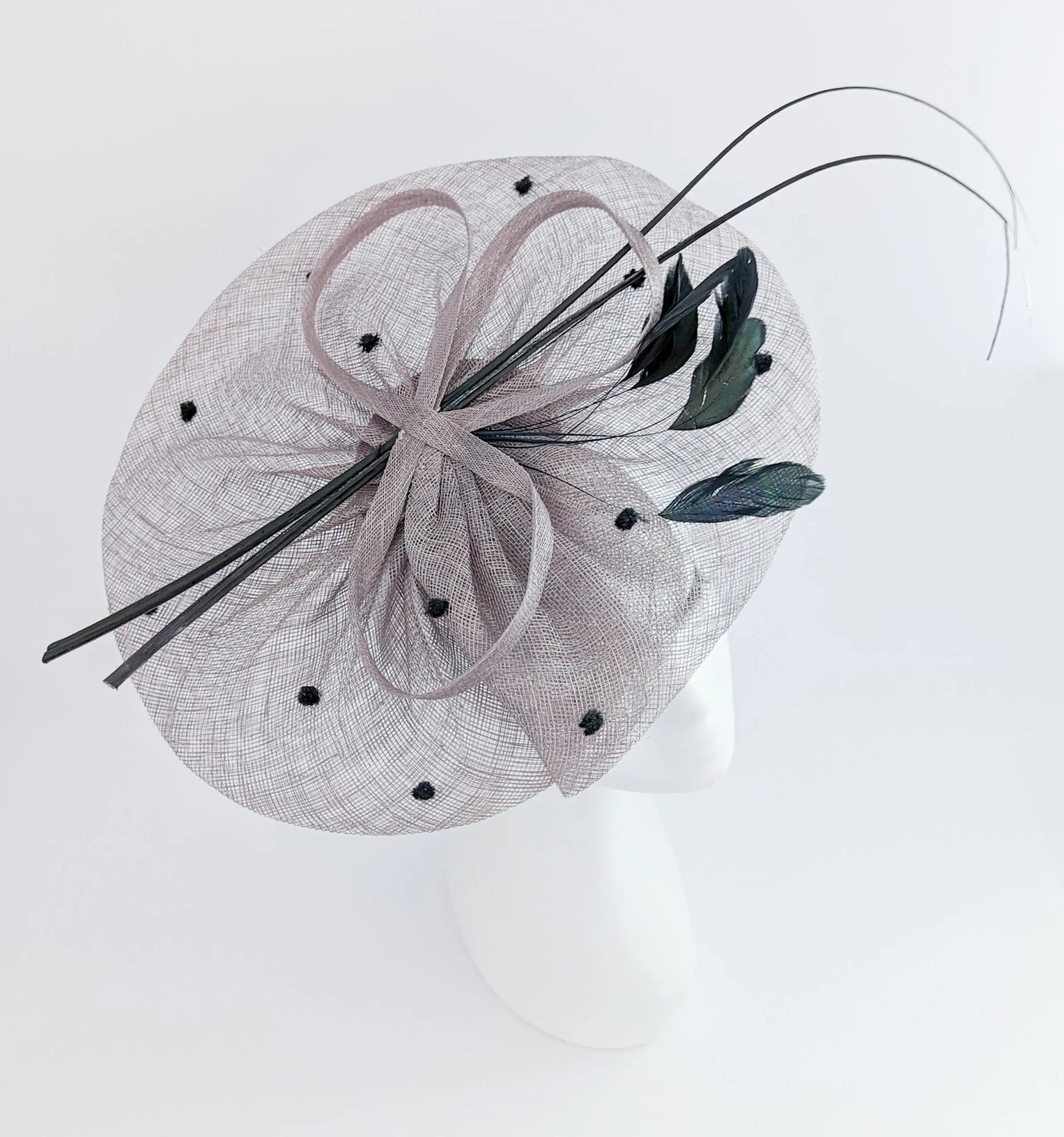 Grey large feather polka dot saucer disc fascinator hat - House of Hats