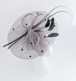 Grey large feather polka dot saucer disc fascinator hat - House of Hats