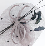 Grey large feather polka dot saucer disc fascinator hat - House of Hats