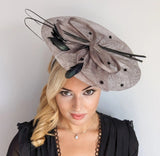 Grey large feather polka dot saucer disc fascinator hat - House of Hats