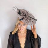 Grey large feather polka dot saucer disc fascinator hat - House of Hats
