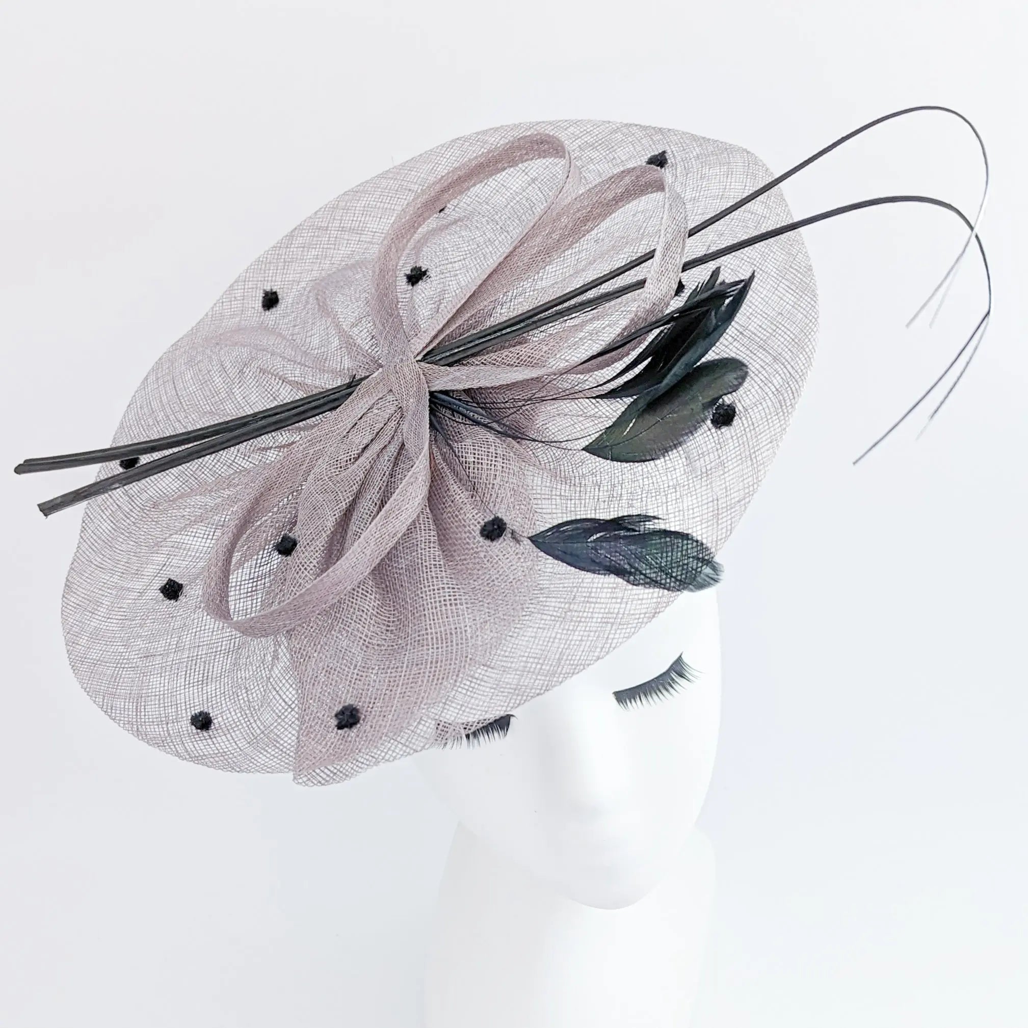 Grey large feather polka dot saucer disc fascinator hat - House of Hats
