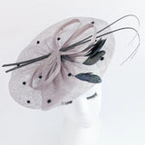 Grey large feather polka dot saucer disc fascinator hat - House of Hats