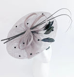 Grey large feather polka dot saucer disc fascinator hat - House of Hats