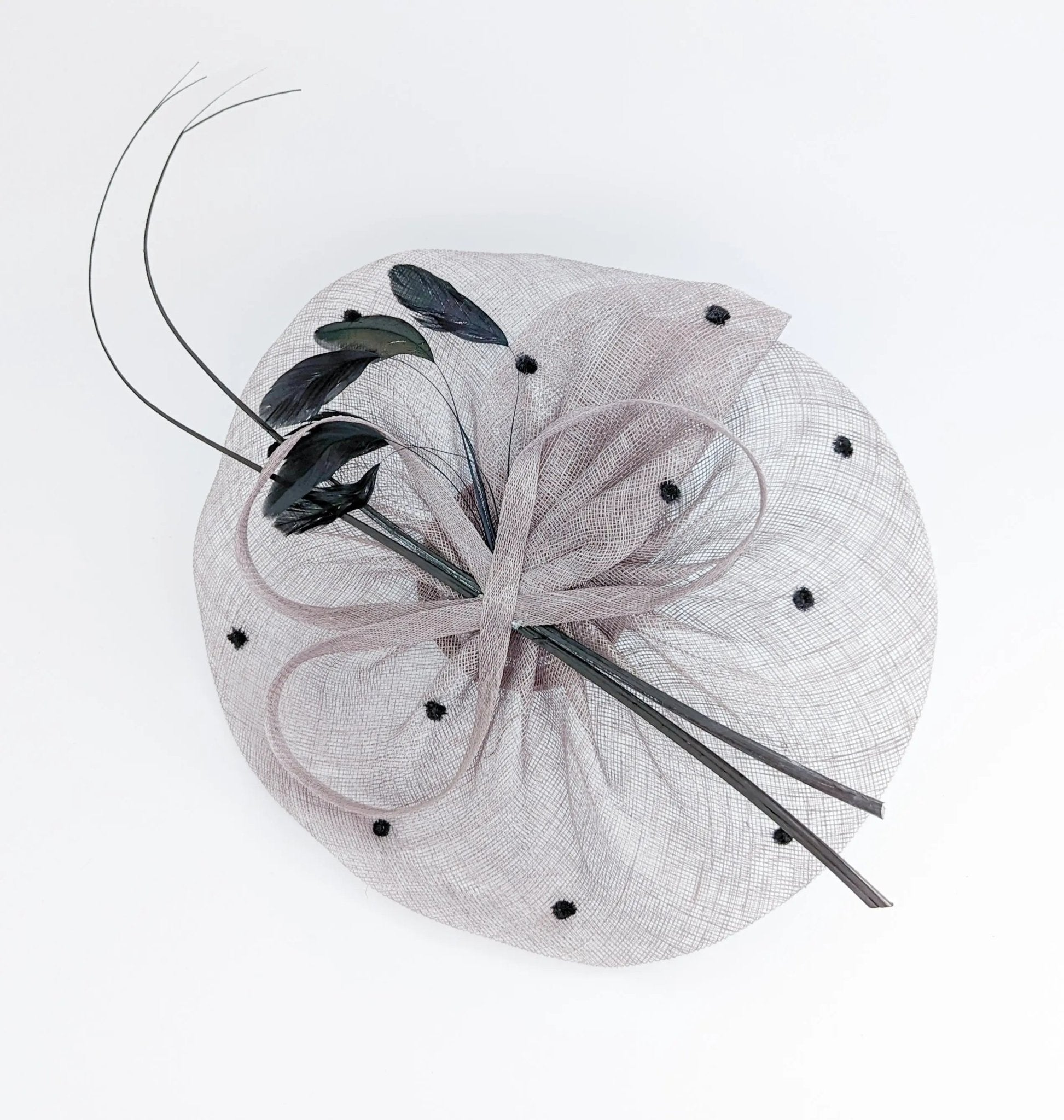 Grey large feather polka dot saucer disc fascinator hat - House of Hats