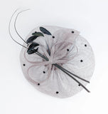 Grey large feather polka dot saucer disc fascinator hat - House of Hats