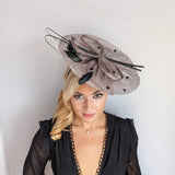 Grey large feather polka dot saucer disc fascinator hat - House of Hats