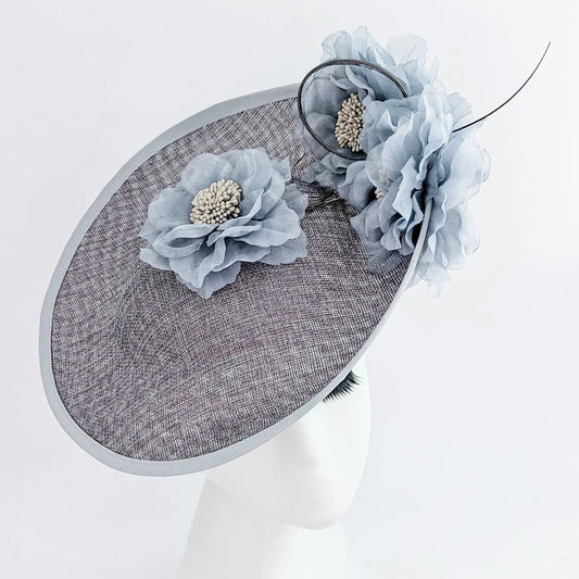 Grey large flower saucer disc fascinator hat - House of Hats