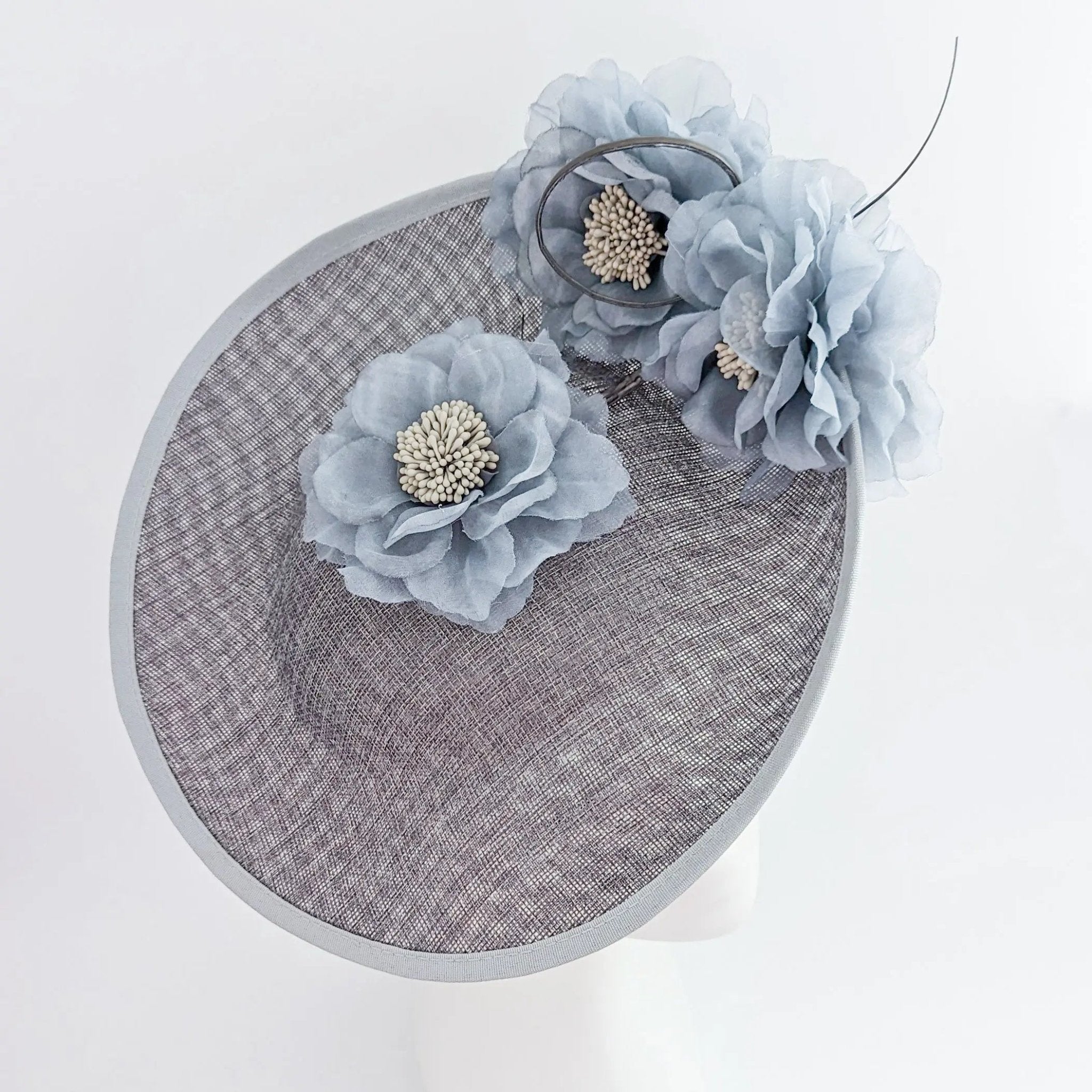 Grey large flower saucer disc fascinator hat - House of Hats