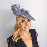 Grey large flower saucer disc fascinator hat - House of Hats
