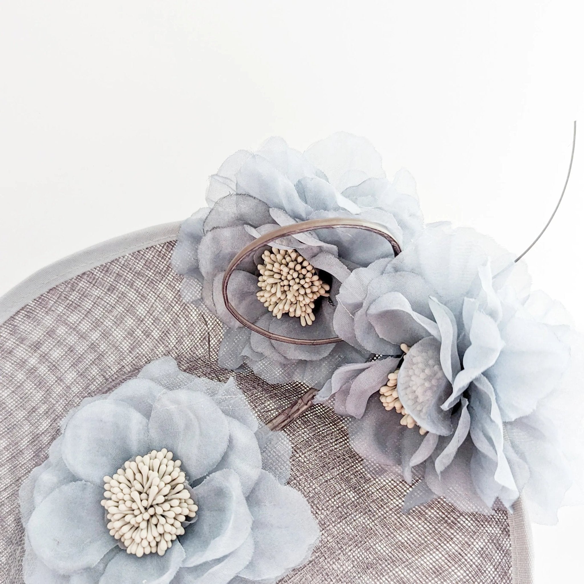 Grey large flower saucer disc fascinator hat - House of Hats