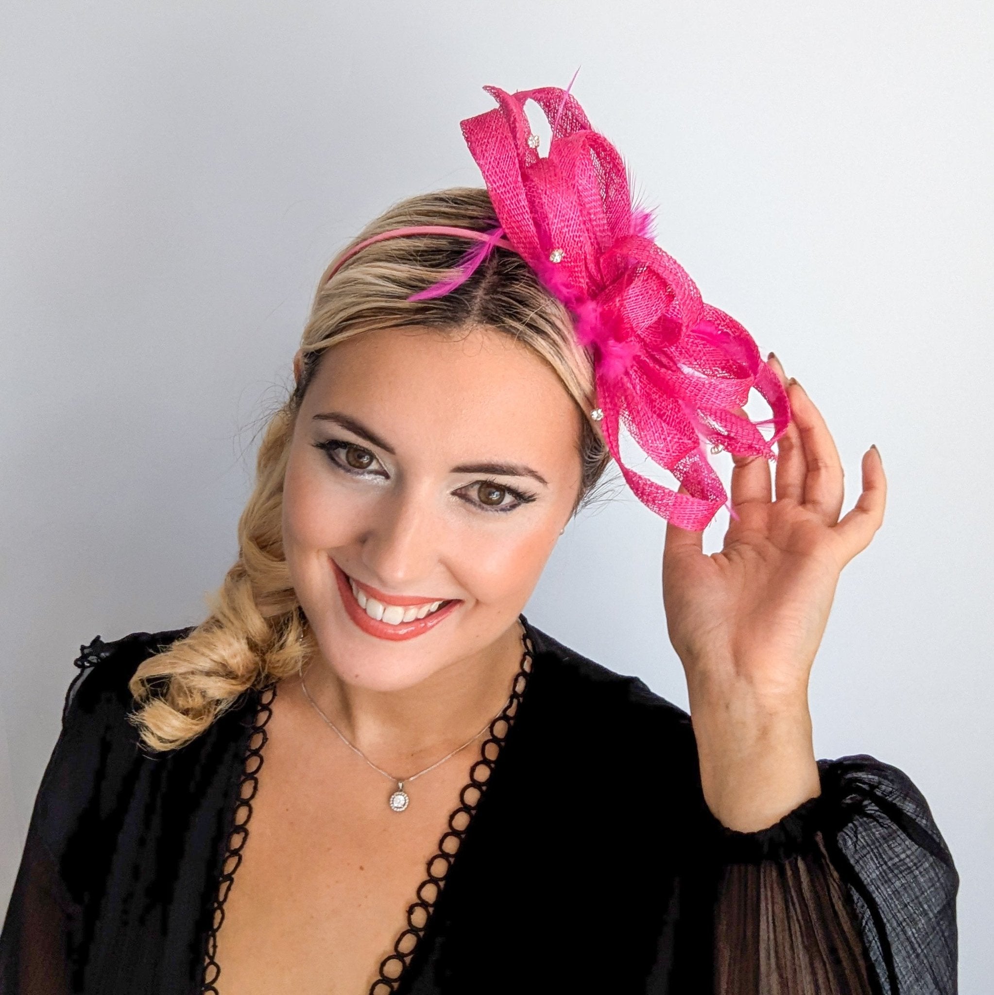 Hot pink crystal feather fascinator hat - House of Hats