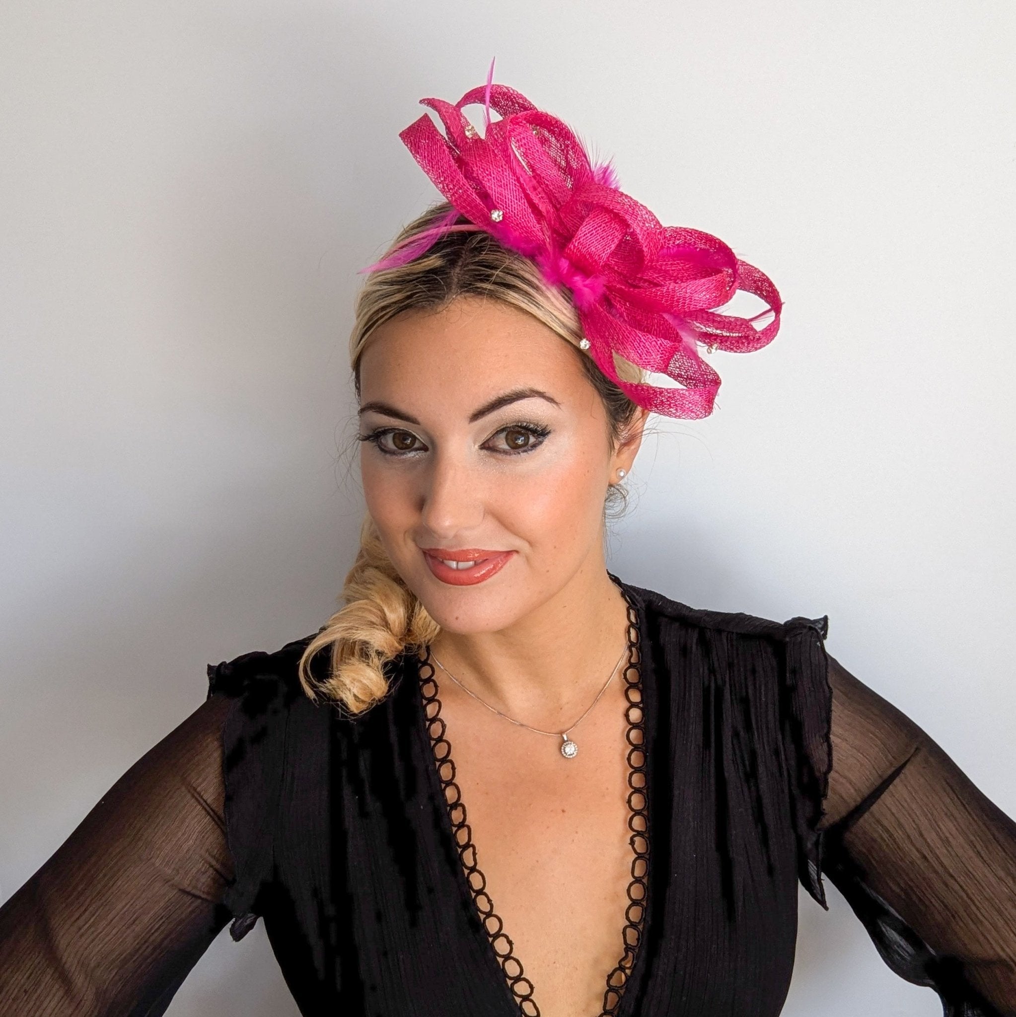 Hot pink crystal feather fascinator hat - House of Hats