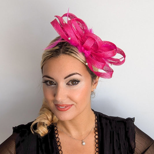 Hot pink crystal feather fascinator hat - House of Hats