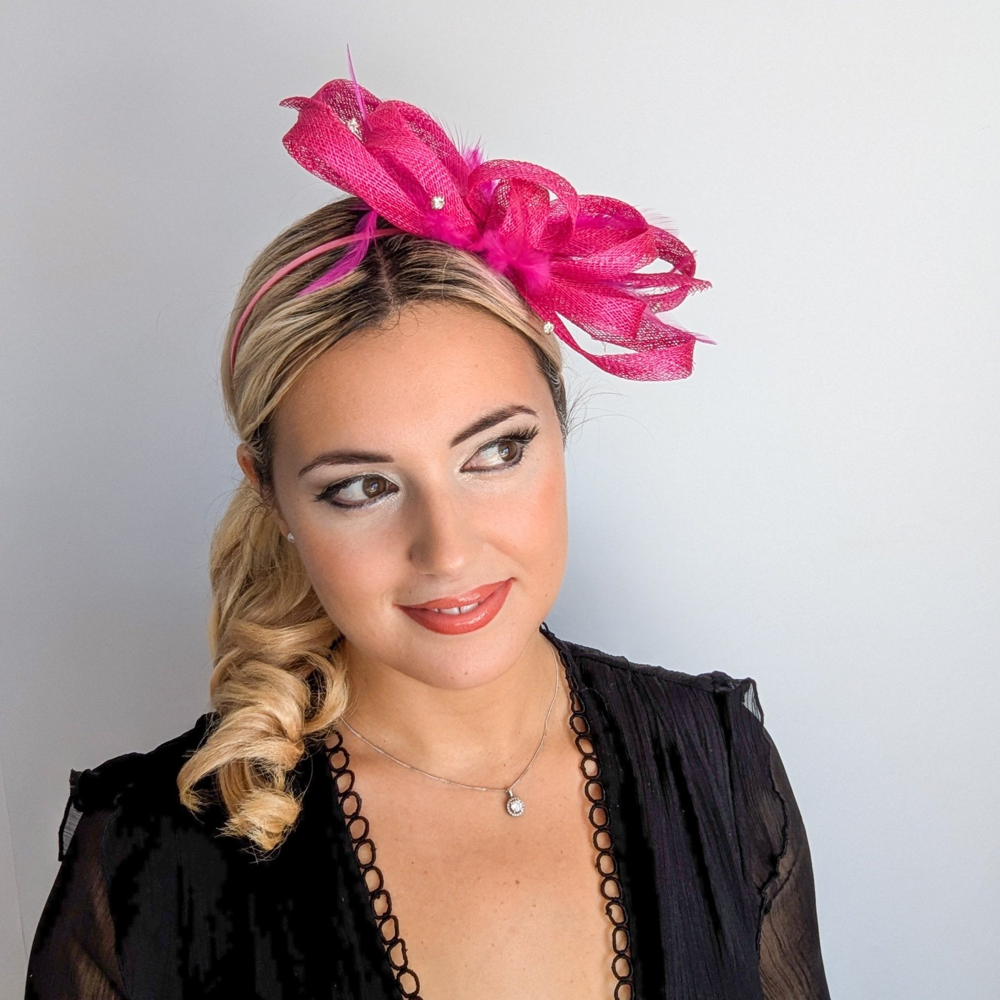 Hot pink crystal feather fascinator hat - House of Hats