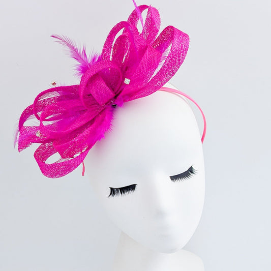 Hot pink crystal feather fascinator hat - House of Hats