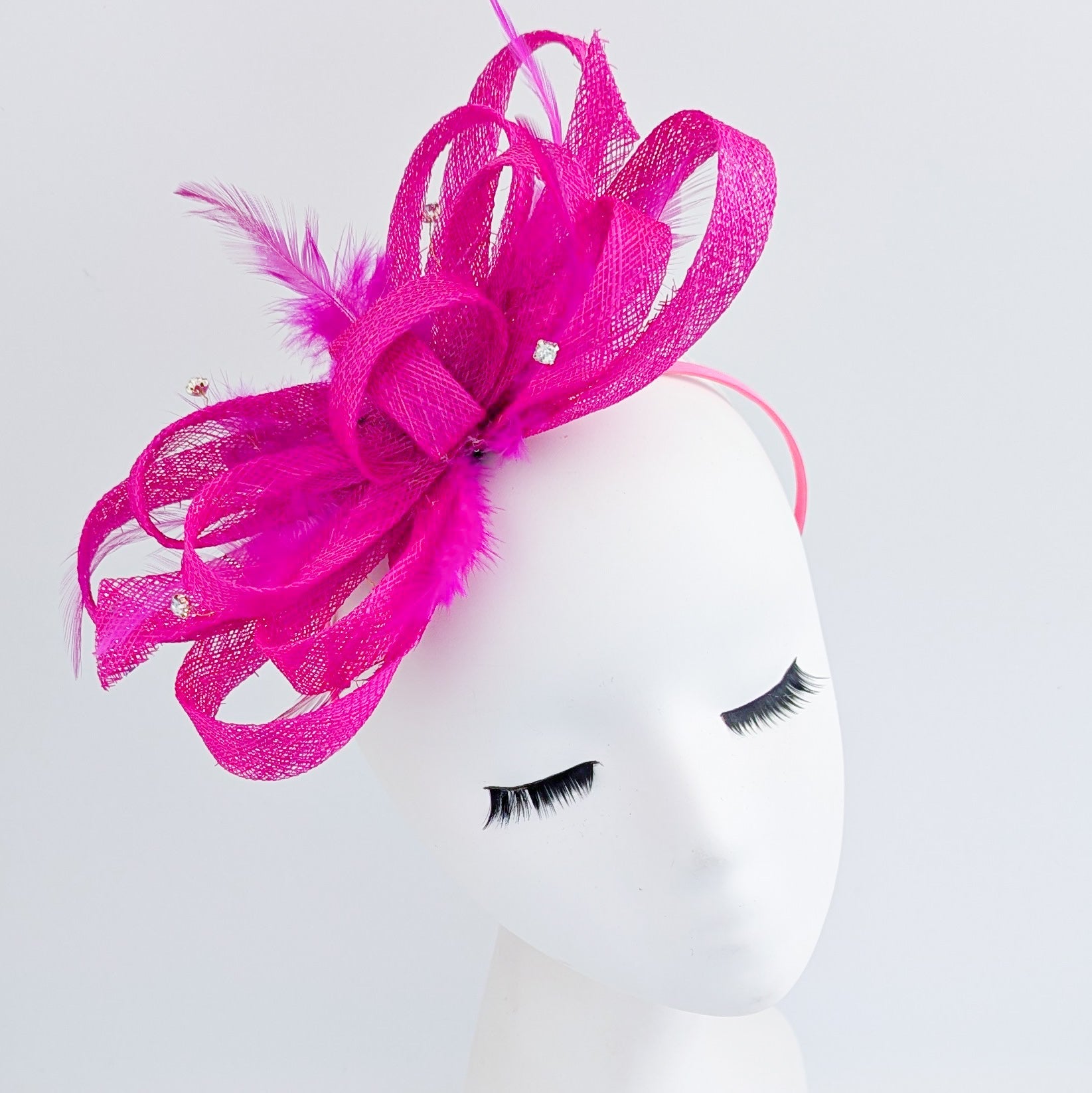 Hot pink crystal feather fascinator hat - House of Hats