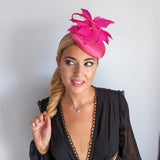 Hot pink feather satin fascinator hat - House of Hats