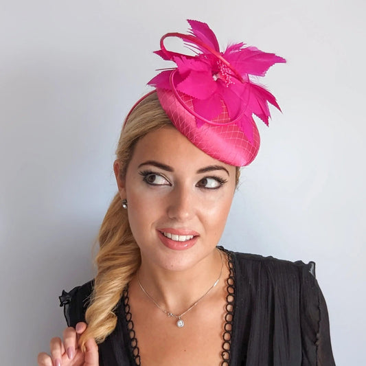 Hot pink feather satin fascinator hat - House of Hats