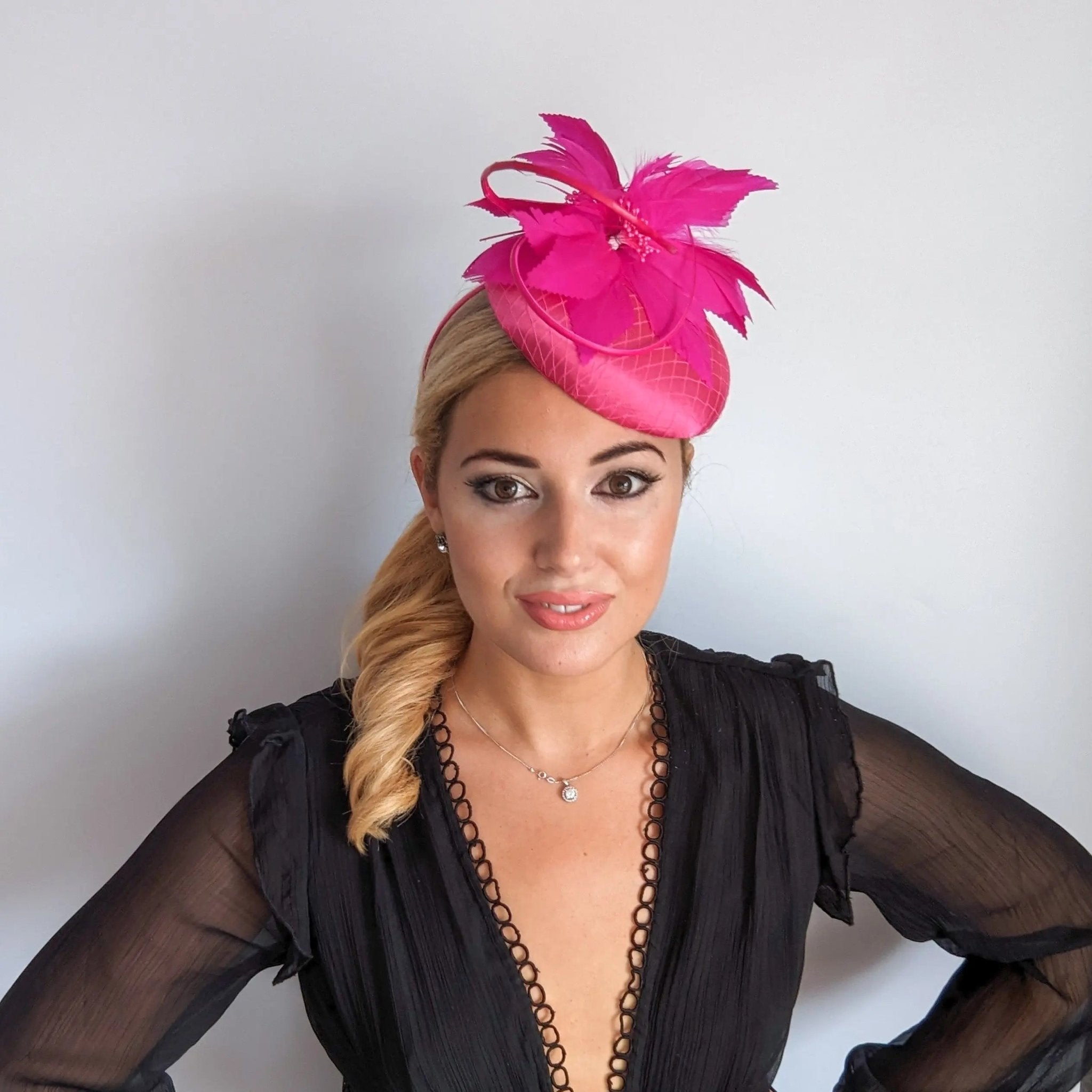 Hot pink feather satin fascinator hat - House of Hats