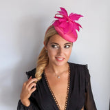Hot pink feather satin fascinator hat - House of Hats