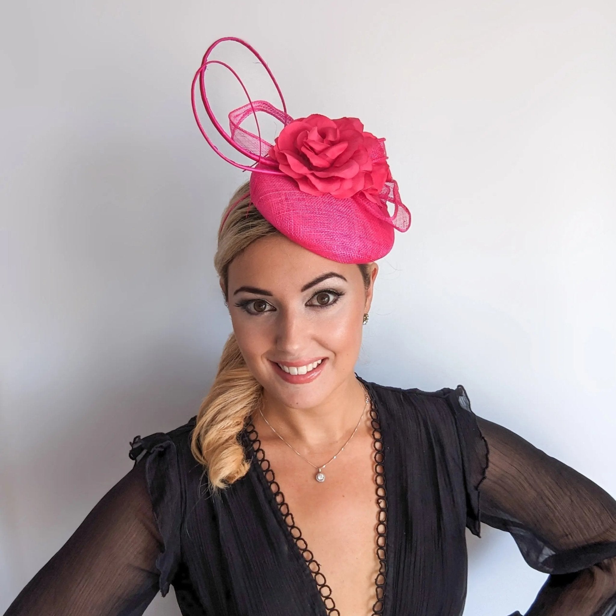 Hot pink flower fascinator hat - House of Hats
