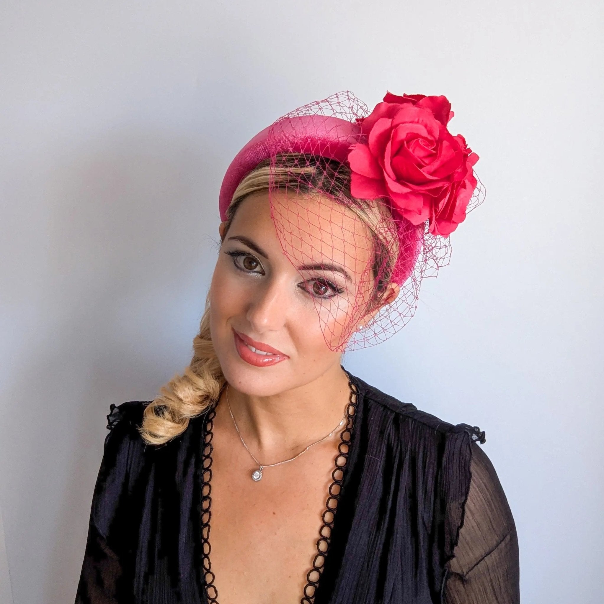 Hot pink flower padded velvet headband fascinator - House of Hats