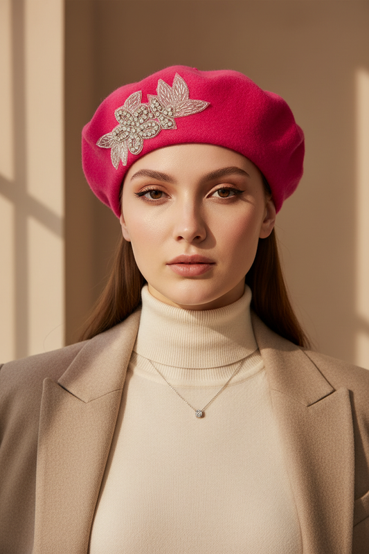 Model wearing a hot pink crystal wool felt French beret hat