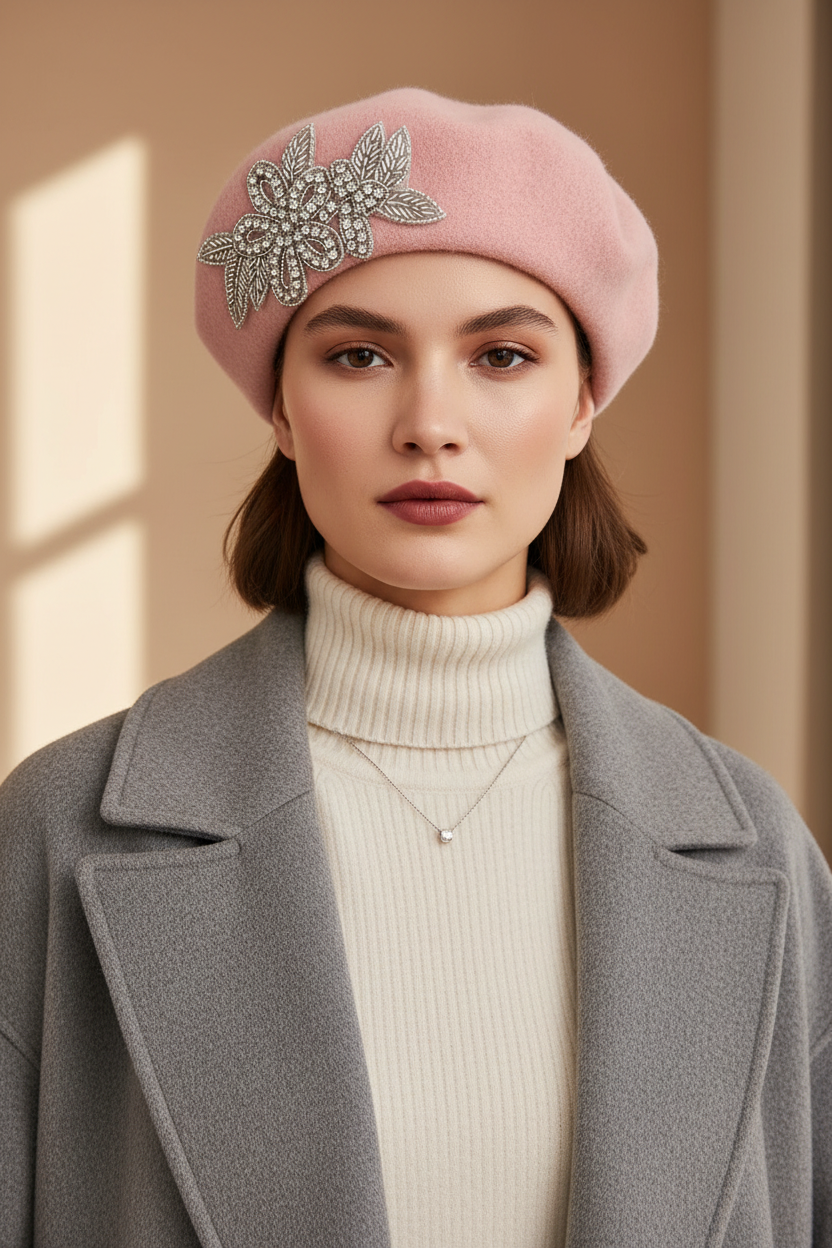 Model wearing a light pink crystal wool felt French beret hat