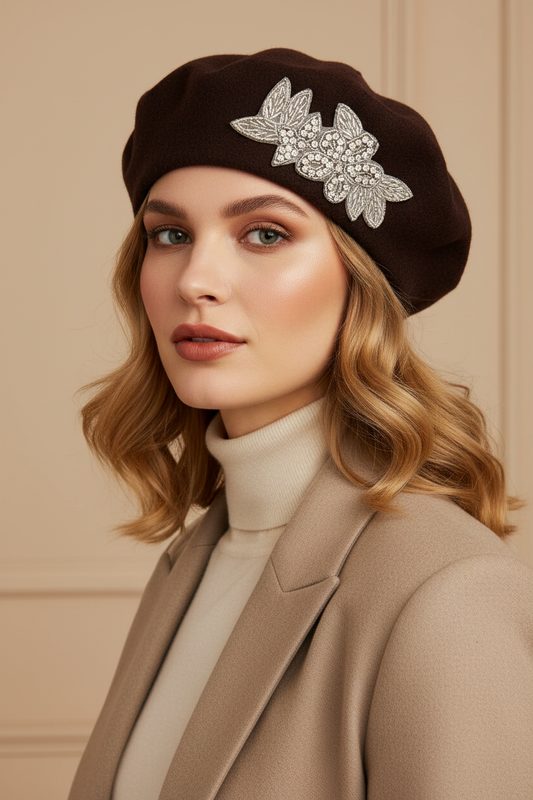 Model wearing a chocolate brown crystal wool felt French beret hat