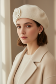 Model wearing a cream pearl flower wool felt French beret hat