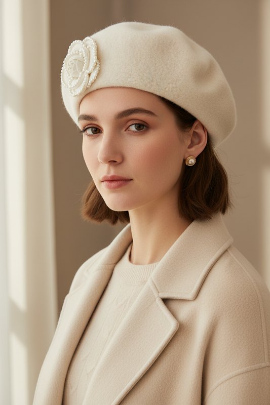 Model wearing a cream pearl flower wool felt French beret hat