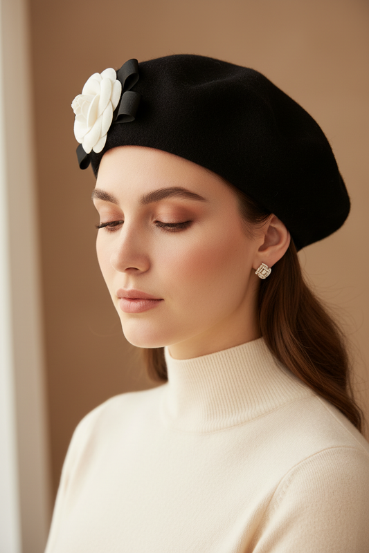 Model wearing a black and white camelia flower wool felt French beret hat