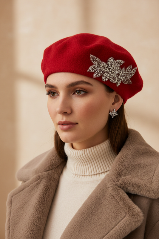 Model wearing a scarlet red crystal wool felt French beret hat