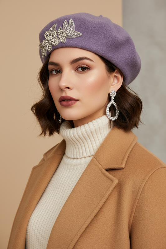 Model wearing a lavender purple crystal wool felt French beret hat