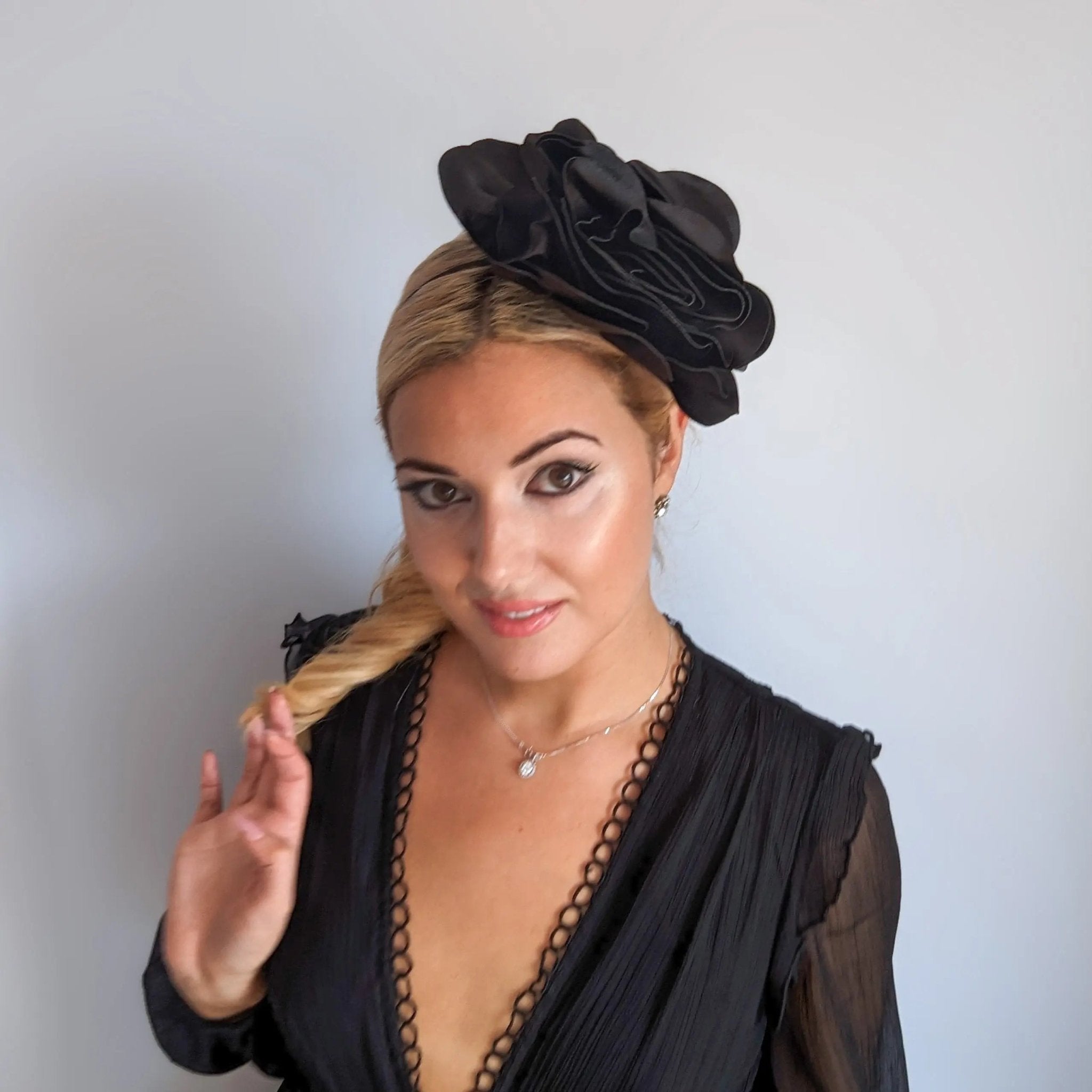 Large black satin rose fascinator hat - House of Hats