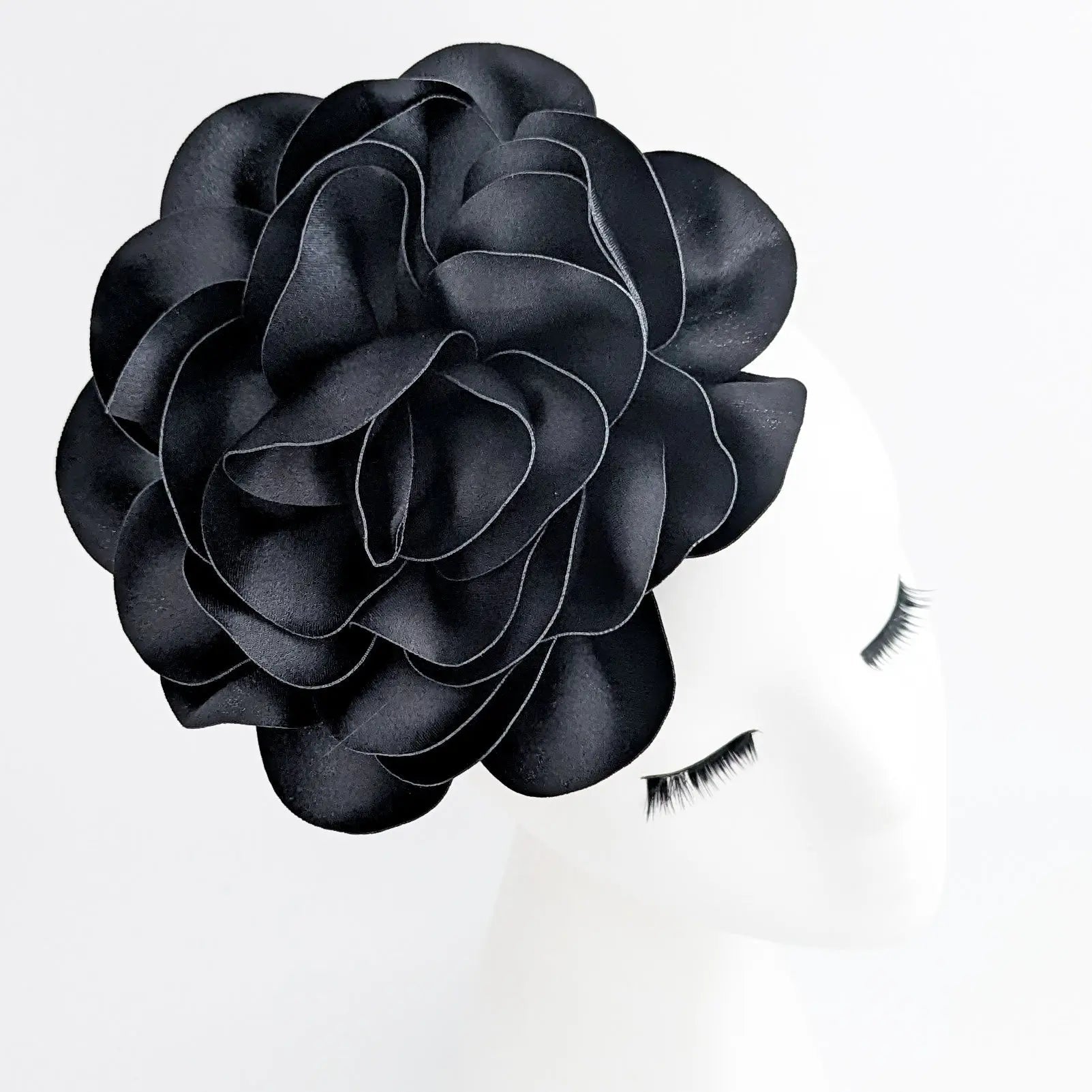 Large black satin rose fascinator hat - House of Hats