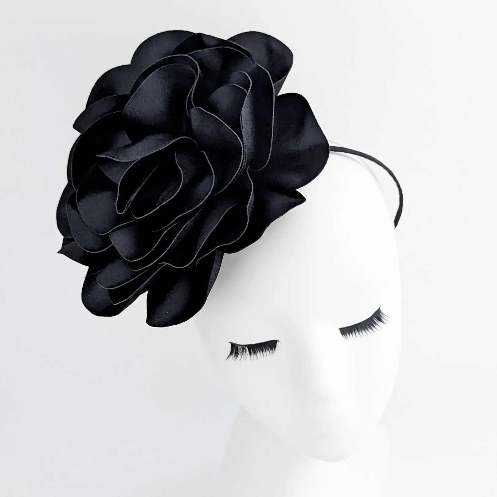 Large black satin rose fascinator hat - House of Hats