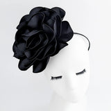 Large black satin rose fascinator hat - House of Hats