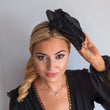 Large black satin rose fascinator hat - House of Hats