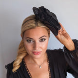 Large black satin rose fascinator hat - House of Hats