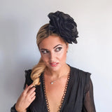 Large black satin rose fascinator hat - House of Hats